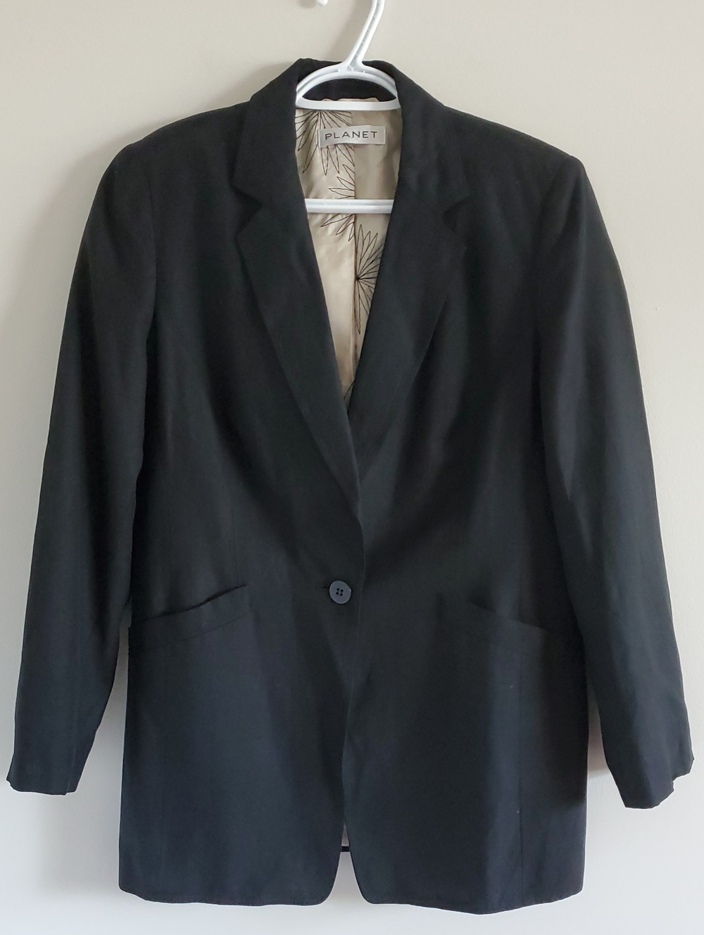 Planet Silk Linen Blend Black Blazer Sz 12 Padded Shoulders Career Business
